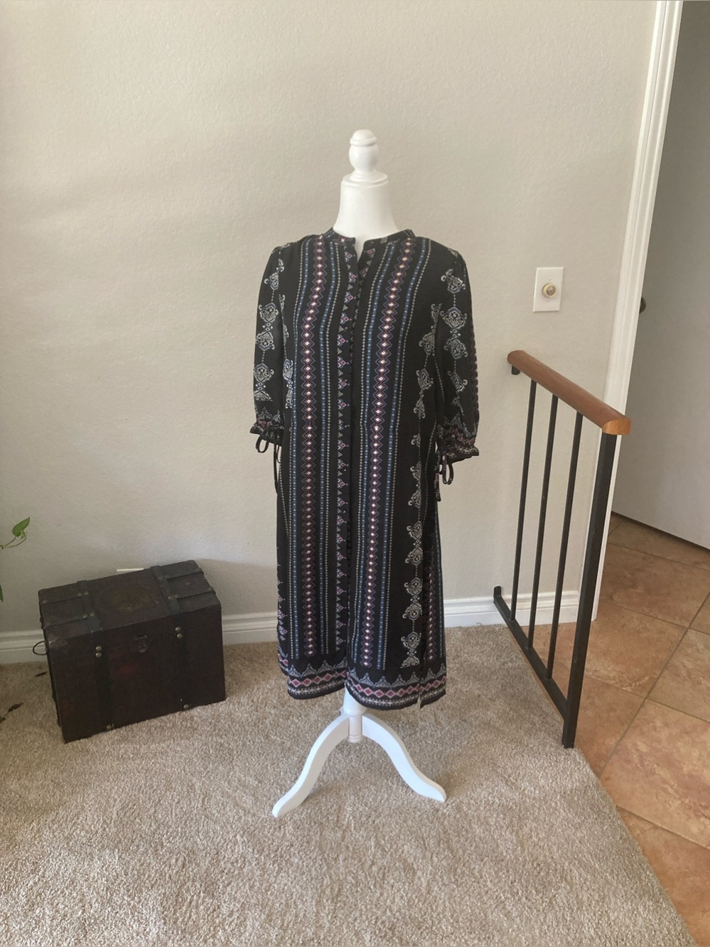 Black Printed Midi Dress with Tie Sleeves
